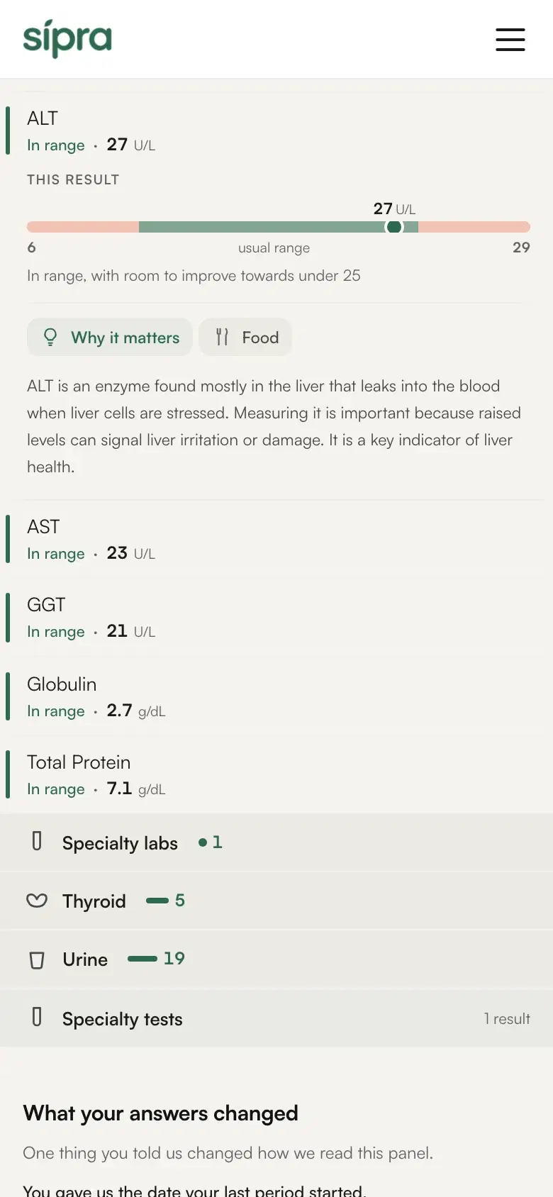 One biomarker on its range bar, with a plain-language line under it on what better would look like