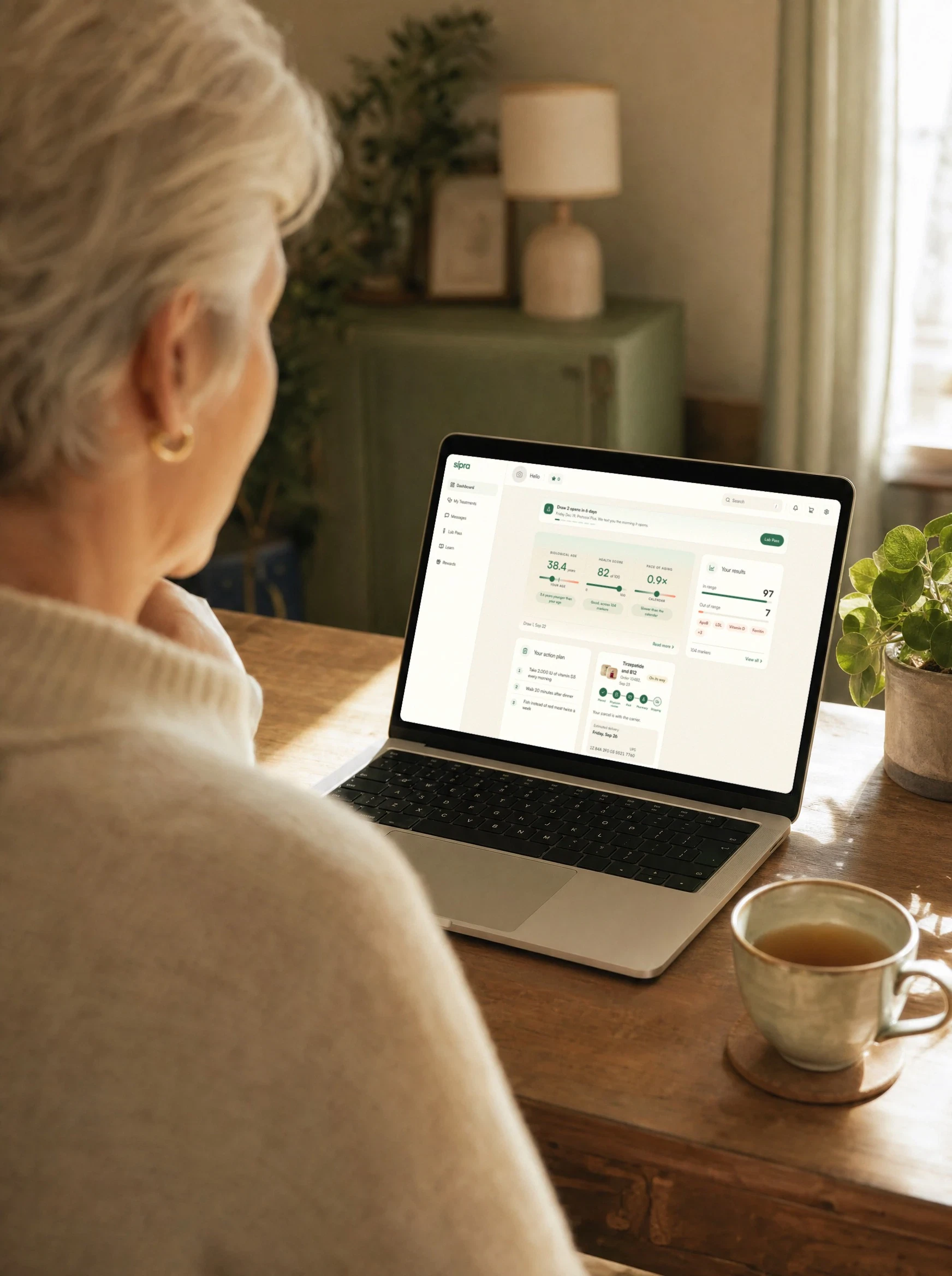 A member at her desk, her Lab Pass dashboard showing the next draw