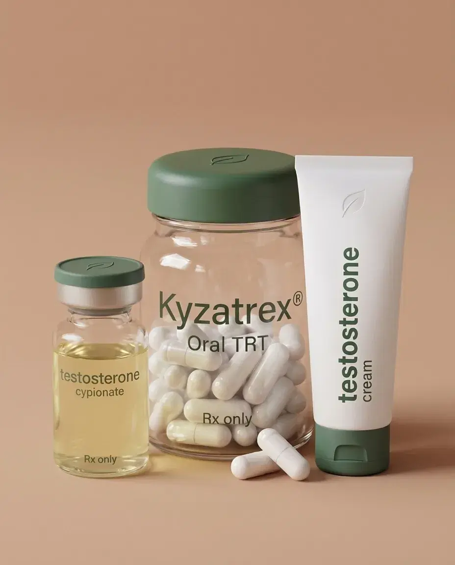 Compounded testosterone, offered as an injection, a daily cream, and an oral capsule