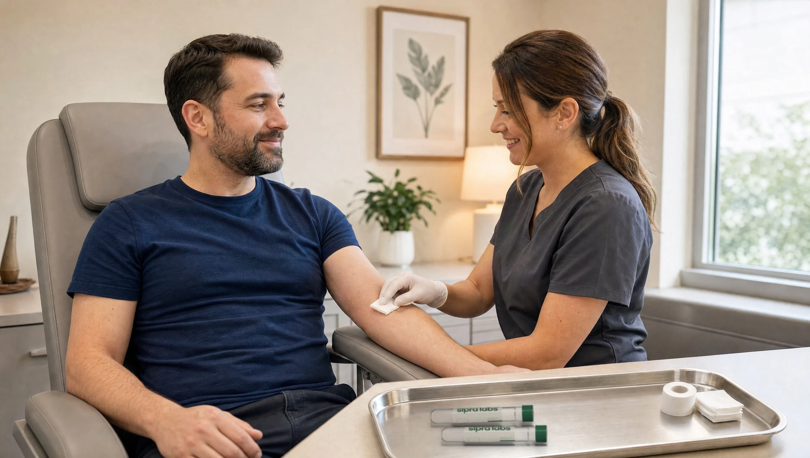 A phlebotomist finishing a draw, two Sipra Labs tubes on the tray