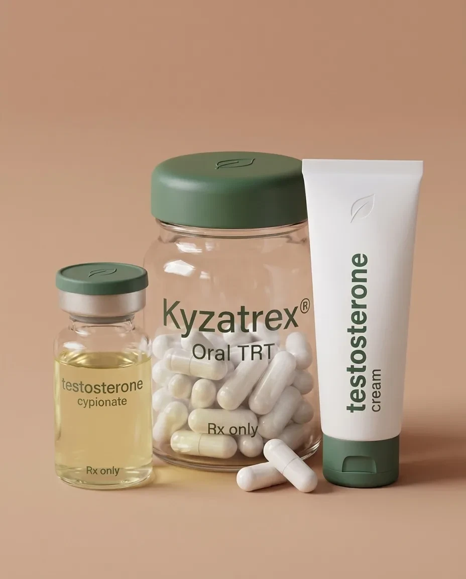 Compounded testosterone, offered as an injection, a daily cream, and an oral capsule